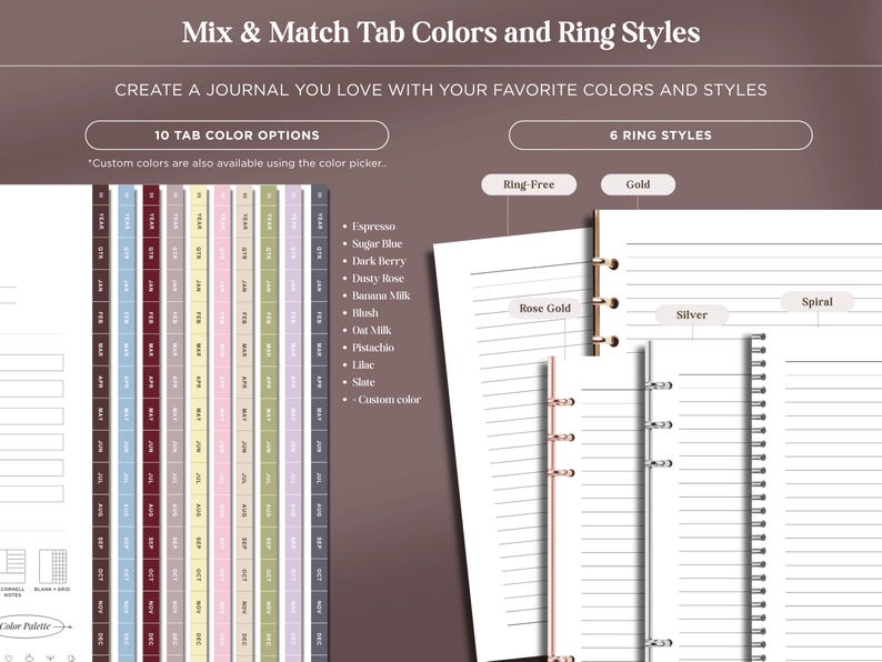 May include: A digital journal customization guide featuring text Mix & Match Tab Colors and Ring Styles. It displays 10 tab color options including Espresso, Sugar Blue, Dark Berry, Dusty Rose, Banana Milk, Blush, Oat Milk, Pistachio, Lilac, and Slate.