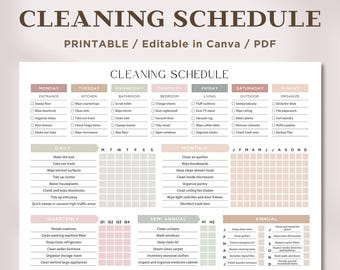 Cleaning Schedule Checklist ADHD Cleaning Planner Household Family Kids Chores Chart List Daily Weekly Monthly Yearly House Planner Editable