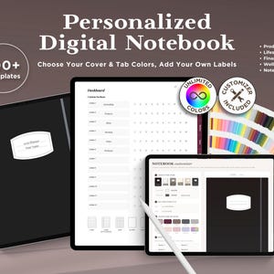 May include: A personalised digital notebook featuring 100+ templates, a dashboard interface, and a customiser tool. The display shows a black cover with a label, a list of custom sections, and a colour palette wheel for selecting various tab colours.