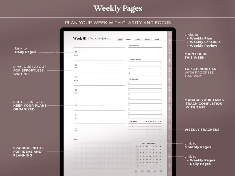 May include: A digital weekly planner page titled Week 01, featuring sections for daily entries, a main focus, top three priorities, a to-do list, weekly trackers, and a January 2027 calendar. The layout includes navigation tabs and links.