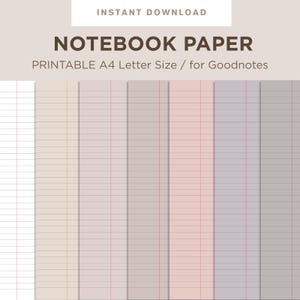 May include: Digital notebook paper with various pastel colour backgrounds. The image includes the text "INSTANT DOWNLOAD" and "NOTEBOOK PAPER PRINTABLE A4 Letter Size / for Goodnotes". The paper has horizontal lines and vertical margins.