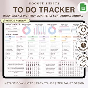 Op de afbeelding: Een digitale Google Sheets to-do tracker sjabloon met secties voor dagelijkse, wekelijkse, maandelijkse, driemaandelijkse, halfjaarlijkse en jaarlijkse planning. De interface bevat taakvoltooiingsgrafieken, selectievakjes en voortgangstools.