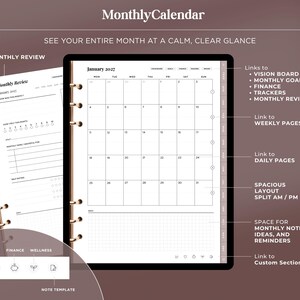 May include: A digital monthly calendar planner for January 2027 featuring a grid layout, monthly review page, and navigation tabs for vision board, goals, finance, trackers, weekly pages, daily pages, and custom sections with icons.