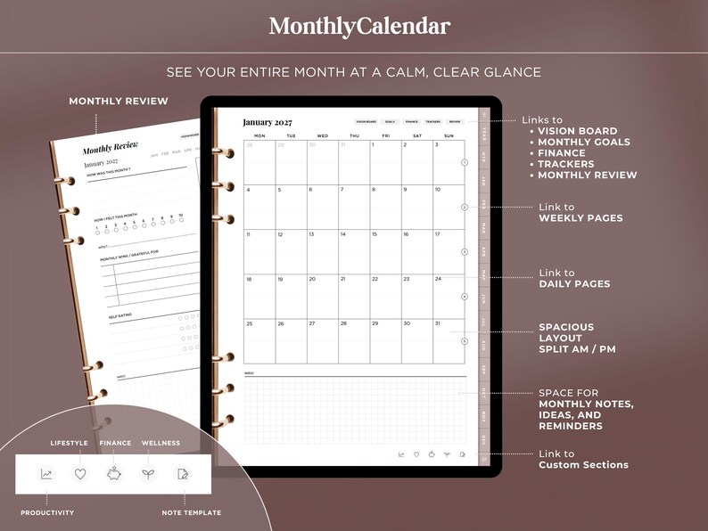 May include: A digital monthly calendar planner for January 2027 featuring a grid layout, monthly review page, and navigation tabs for vision board, goals, finance, trackers, weekly pages, daily pages, and custom sections with icons.