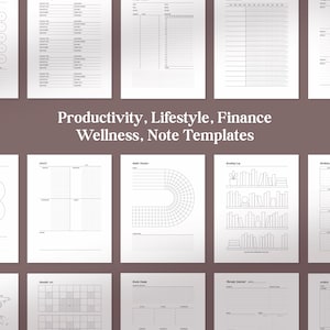 May include: A collection of black and white printable planner templates featuring productivity, lifestyle, finance, wellness, and note-taking layouts. The sheets include calendars, habit trackers, book lists, and world maps on a dark background.