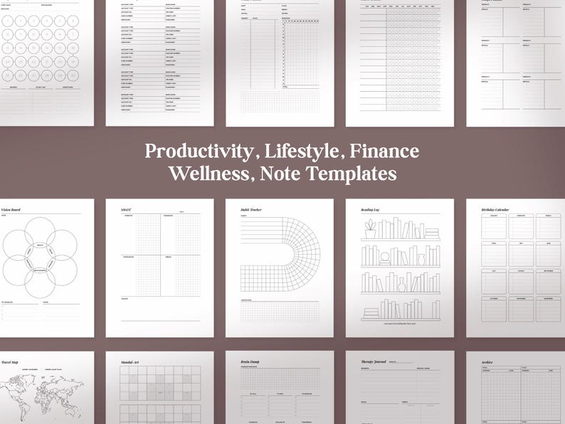 May include: A collection of black and white printable planner templates featuring productivity, lifestyle, finance, wellness, and note-taking layouts. The sheets include calendars, habit trackers, book lists, and world maps on a dark background.