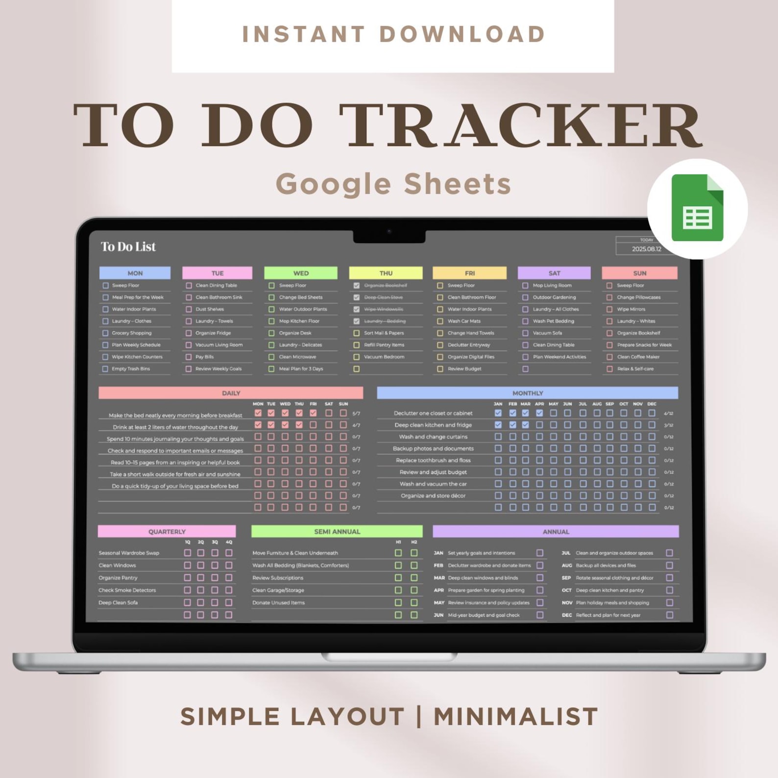 Digital To-do List Google Sheets Template Daily Weekly Monthly Annually ...