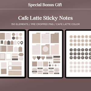 May include: A digital collection of 150 Cafe Latte sticky notes, pre-cropped PNG elements, and icons in various beige and brown shades. The text reads Special Bonus Gift, Cafe Latte Sticky Notes, 150 ELEMENTS / PRE CROPPED PNG / CAFE LATTE COLOR.