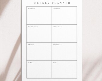 Utskrivbar veckoplanerare, minimalt veckoschema, måndagsstartplanerare, veckovis att-göra-lista, enkel produktivitetsplanerare, direktnedladdning