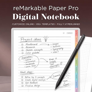 May include: A reMarkable Paper Pro digital notebook with a black stylus resting on the screen. The display shows a handwritten project ideas list with checkboxes, bullet points, and a lightbulb icon. The side features a colorful tabbed navigation bar.