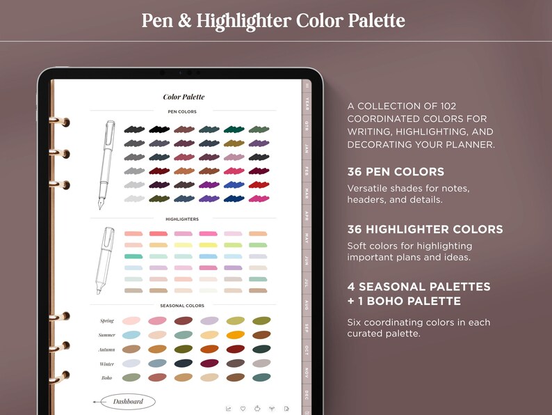 May include: A digital planner display showing a Pen & Highlighter Color Palette with 102 coordinated colors. The screen features 36 pen colors, 36 highlighter colors, and 4 seasonal palettes plus 1 boho palette, with text detailing the collection.