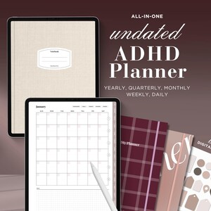 May include: A digital undated ADHD planner set featuring a beige linen-textured cover, a monthly calendar view on a tablet screen, a white stylus, and additional planner covers in burgundy plaid and solid pink, plus a sheet of digital stickers.