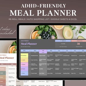 May include: A digital ADHD-friendly meal planner displayed on two tablet screens. The interface features a weekly schedule with columns for breakfast, lunch, dinner, snack, and drink, plus an auto-generated shopping list for Google Sheets and Excel.