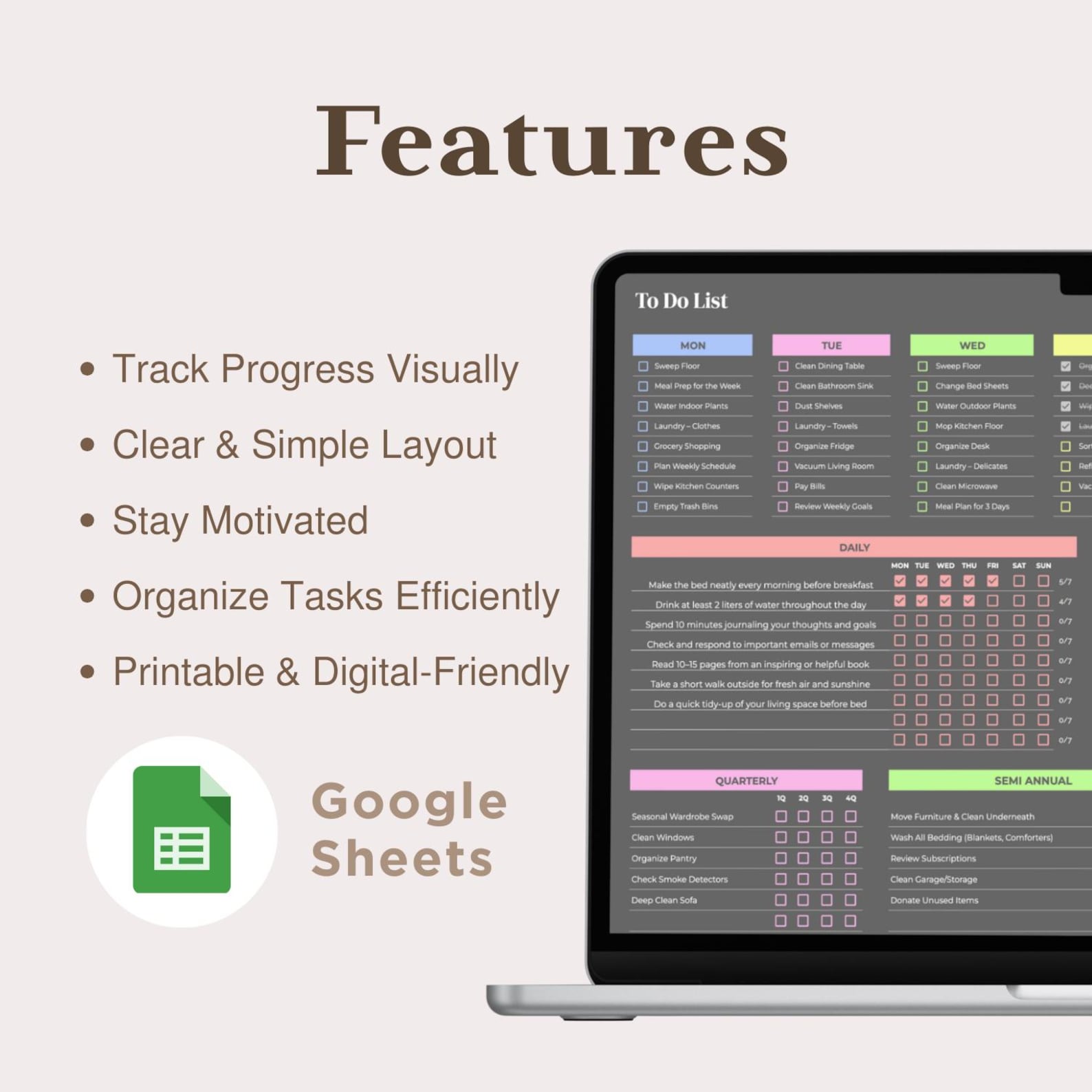 Digital To-do List Google Sheets Template Daily Weekly Monthly Annually ...