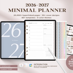 以下が含まれることがあります： 2026～2027年版のミニマルデザインのデジタルプランナー。画像には、26と27の数字が表示された水色のカバーのタブレットと、週刊プランナーレイアウトの別のタブレットが表示されています。デジタルステッカー、8つのカラーテーマ、30以上の表紙デザインが含まれています。