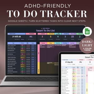 Könnte beinhalten: Eine digitale Aufgabenverwaltungsvorlage für Google Sheets mit dem Titel ADHD-FRIENDLY TO DO TRACKER. Die Benutzeroberfläche zeigt eine Smart To Do List mit Spalten für Aufgaben, Priorität, Fälligkeitsdaten und Status in dunklen und hellen Designs.