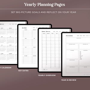 May include: Four digital planner pages titled Yearly Planning Pages, Set Big-Picture Goals and Reflect on Your Year. The pages include a Yearly Calendar, Key Dates, Yearly Overview, and Year in Review with black text on white backgrounds.