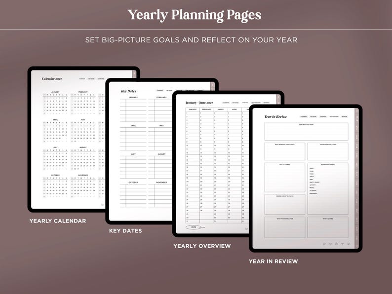 May include: Four digital planner pages titled Yearly Planning Pages, Set Big-Picture Goals and Reflect on Your Year. The pages include a Yearly Calendar, Key Dates, Yearly Overview, and Year in Review with black text on white backgrounds.