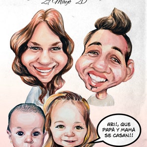 Op de afbeelding: Een karikatuur-illustratie van een gezin met een spraakballon die zegt "ARI!, QUE PAPA Y MAMA SE CASAN!!". De illustratie toont een stel, een jong meisje en een baby. Het stel glimlacht en het meisje houdt een spraakballon vast. De baby kijkt naar de camera.