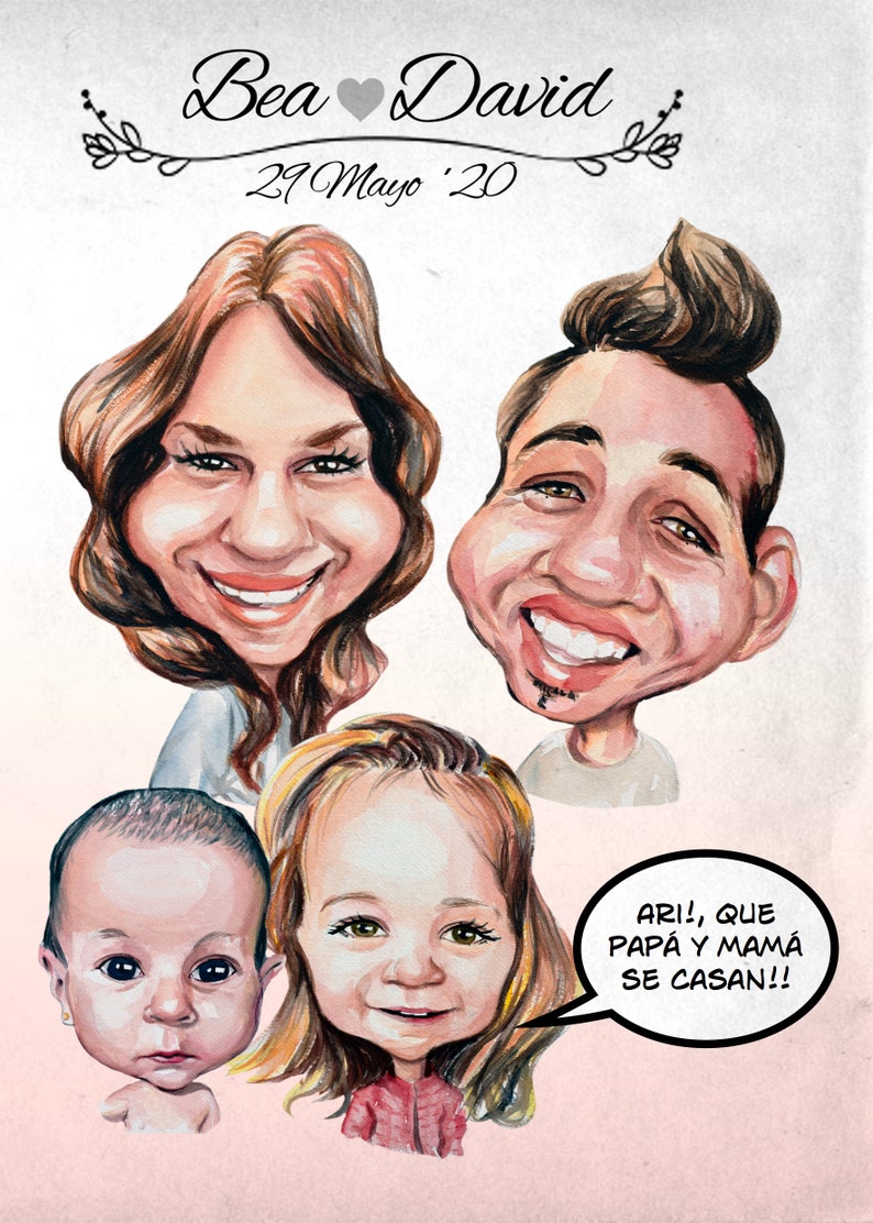 Op de afbeelding: Een karikatuur-illustratie van een gezin met een spraakballon die zegt "ARI!, QUE PAPA Y MAMA SE CASAN!!". De illustratie toont een stel, een jong meisje en een baby. Het stel glimlacht en het meisje houdt een spraakballon vast. De baby kijkt naar de camera.