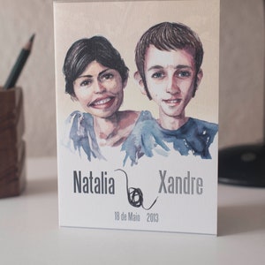 Op de afbeelding: Een aquarel-illustratie van een stel, Natalia en Xandre, met de datum 18 de Maio 2013.