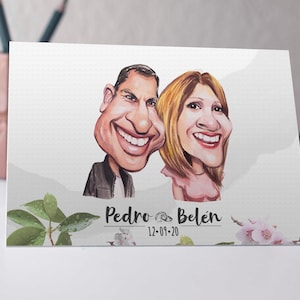 Op de afbeelding: Een karikatuur-illustratie van een stel, Pedro en Belen, met een aquarel achtergrond en bloemmotieven. De tekst "12-09-20" staat onder de namen van het stel.