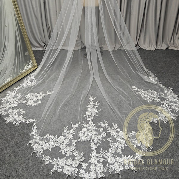 Long floral lace veil cathedral veil Bridal veil cathedral wedding veil white veil ivory wedding veil