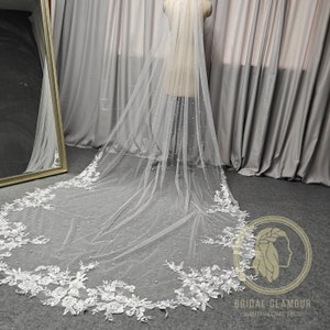 Pearl veil pearl floral wedding veil long veil cathedral wedding veil with lace ivory wedding veil