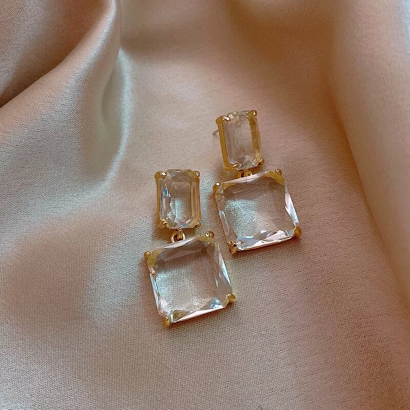 Clear Crystal Earrings Clear Earrings Square Bridal Crystal