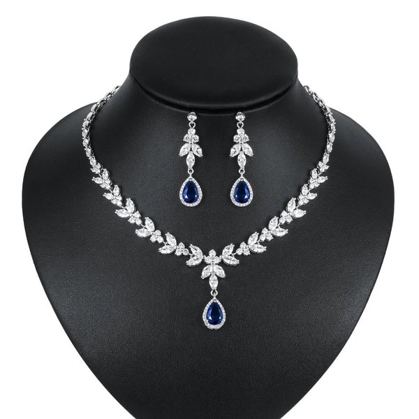 Sapphire blue Wedding necklace set blue bridal jewelry bridal necklace something blue jewelry wedding accessories bridal necklace zirconia