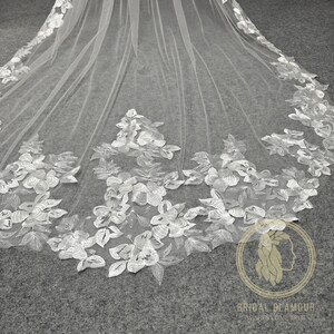 Large Floral pattern veil floral lace veil cathedral wedding veil ivory bridal veil with big flower pattern 1 tier veil
