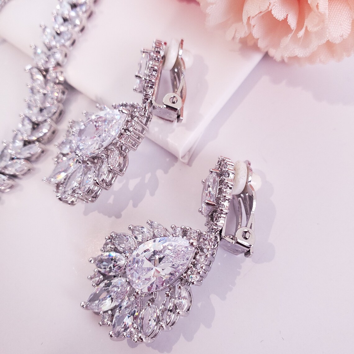 Silver bridal clip on earring set statement wedding earrings Etsy