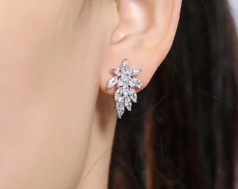 Twisted Clip on Earrings Long Tassel Wave Leaf Crystal April Birthstone Asymmetrical Dangle