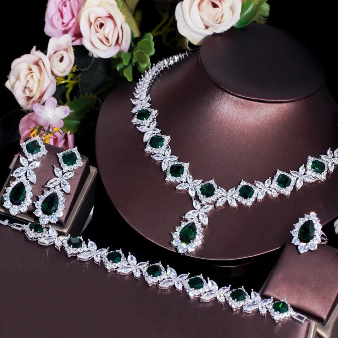 Green Bridal Jewelry Set Emerald Wedding Earrings Bridal Etsy