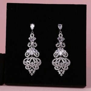 BRIDAL EARRINGS silver CZ Wedding Jewelry engagement jewelry long dangle drop earrings Zirconia jewelry statement earrings
