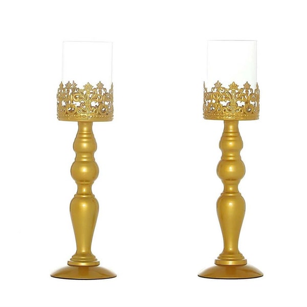 Gold Pillar Candleholder With Hurricane Etsy