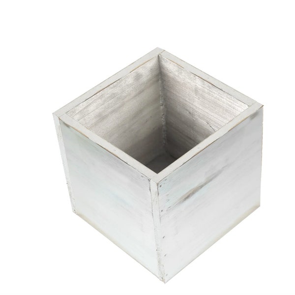 Home Decor Indoor/Outdoor Floral and Greens Arrangement 2 Pack 6" Whitewash Square Wood Planter Box Set With Removable Plastic Liners