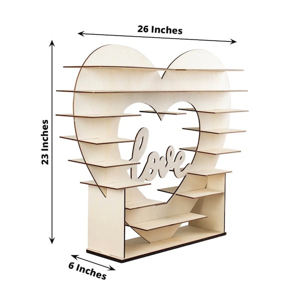 Party Event Arrangement Decor 26" Heart Shaped 8-Layer Double Sided Wooden Dessert Display Stand, Natural "Love" Table Cupcake Shelf Rack