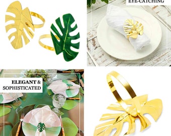 Monstera Leaf Design Metallic Gold, Green Napkin Rings, Linen Napkin Holders With Green Tropical Leaf Decor Pack of 4 Pieces