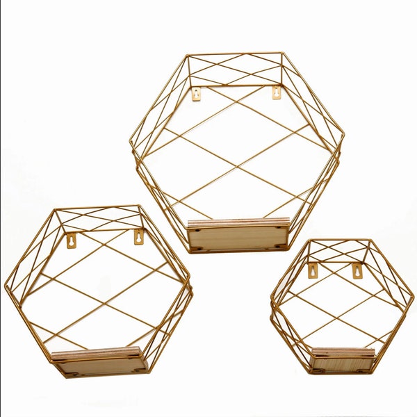 Table Top Display Centerpiece 3 Pack Gold Hexagonal Floating Wall Shelves, Decorative Geometric Wall Mounted Shelves - 9" 12" 14"