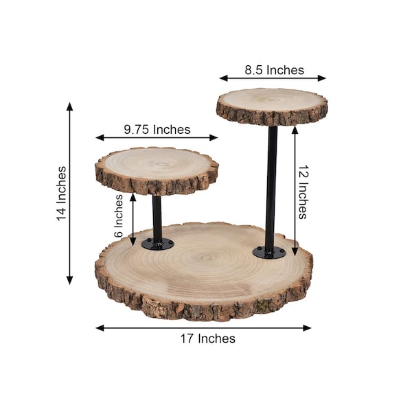 Event Display Arrangement 14" 3-Tier Natural Wood Slice Cheese Board Cupcake Stand, Rustic Centerpiece - Assembly Tools Included