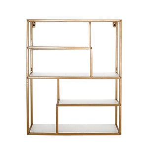 18X22X6 Gold Metal 4-Tier Dessert Cupcake Stand, Wall Hanging Shelf Display Rack, Book Shelf With White Wood Panels