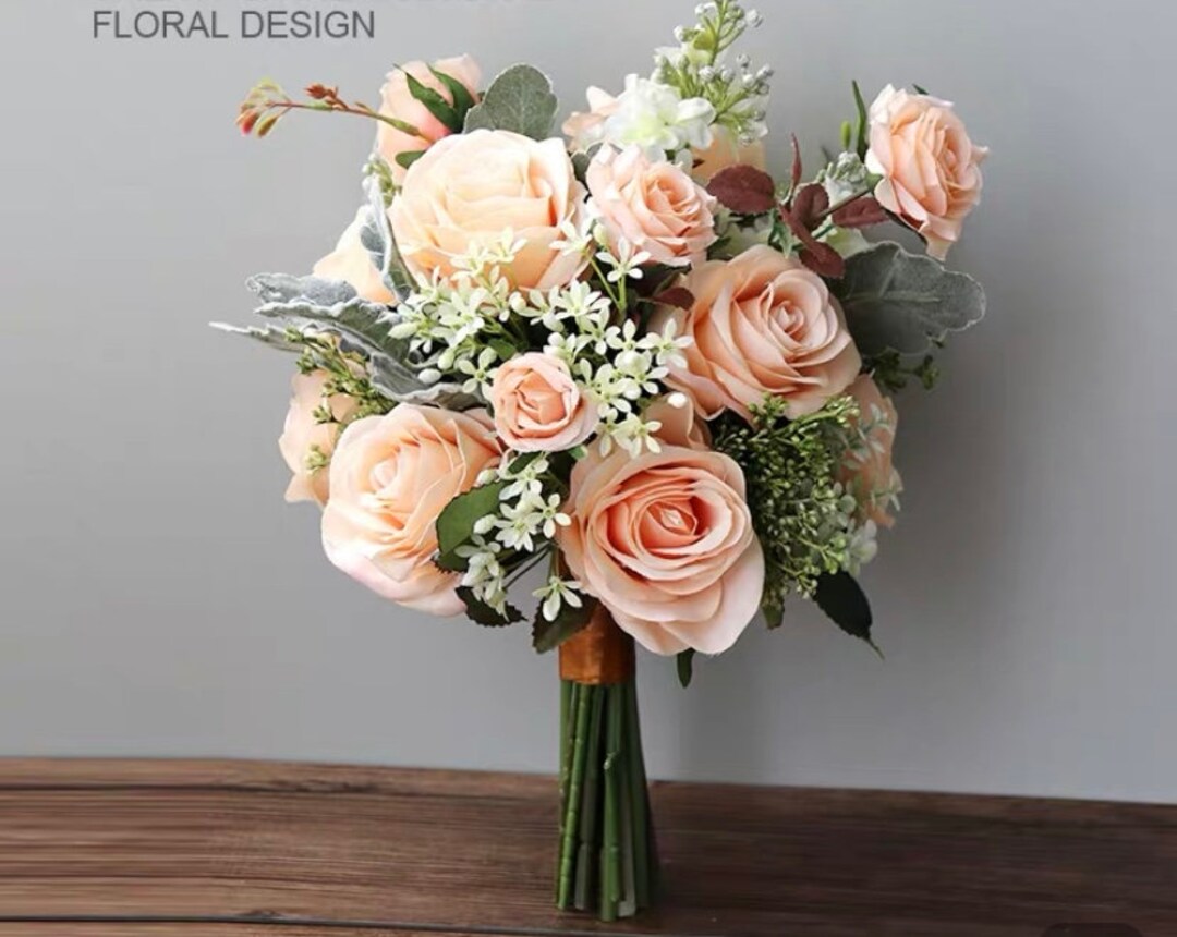 Elegant Peach Artificial Wedding Bouquet, Bridal Bouquet, Wedding