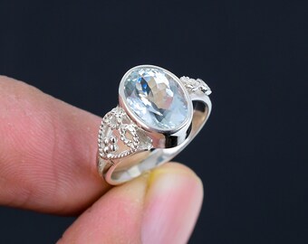 Handmade Aquamarine Ring: 925 Sterling Silver Wide Band, Boho Jewelry