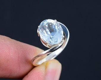 Handmade Oval Aquamarine Ring: 925 Sterling Silver Wide Band