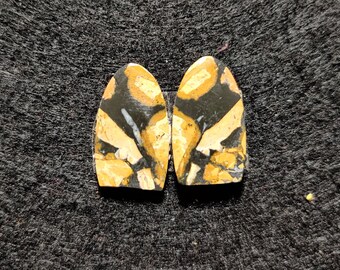 May include: Two oval-shaped, polished stones with a black, white, and yellow pattern. The stones have a smooth, glossy finish.