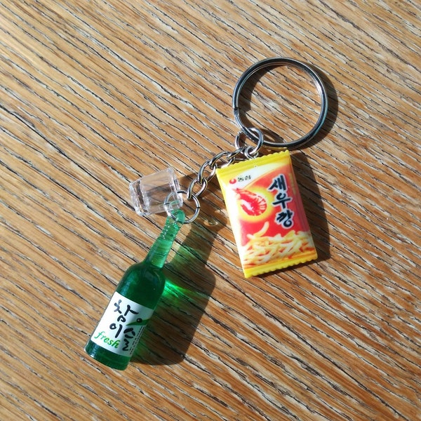 Cracker+ Soju>>>Korean Soju bottle, shot glass and Korean shrimp flavoured crackers keychain, drink bottle keychain, funny Keychain
