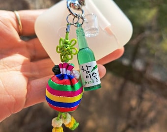 Norigae+Soju-- Korean traditional Norigae, Soju bottle with shot glass airpod keychain