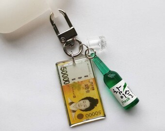 Money+Soju Airpod keychain, Bank of Korea 50000 note and Soju bottle, shot glass airpod keychain