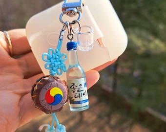 Norigae+Jinro-- Korean traditional Norigae, traditional Korean drum, Blue Jinro bottle with shot glass airpod keychain